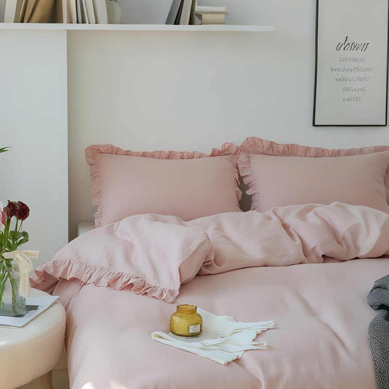 Simple&Opulence 100% Linen Duvet Cover Set, 3 PCS Natural French Flax Blush Pink Ruffle Duvet Cover Queen Size, Breathable Comfy Linen Bedding Comforter Cover with 2 Pillowcases(Blush Pink, 88" X 92") - Image 3